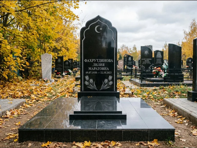 Мусульманский памятник: стела с михраб-навершием в форме арки — гравировка минарета с полумесяцем, гранитный цоколь с тёмной плиткой, работа «Фахрутдинова» в Казани