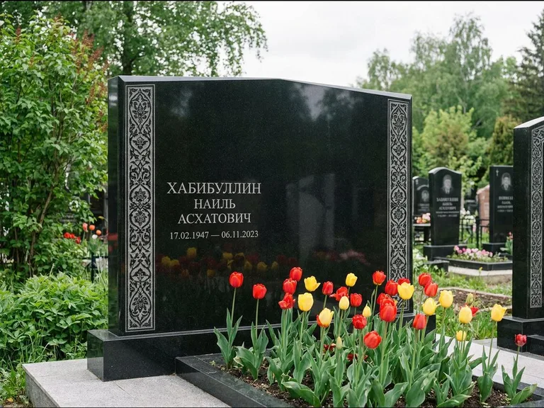 Мусульманский памятник: широкая двойная семейная стела — золочёная гравировка мечети, цветник с тюльпанами, работа «Хабибуллин» в Казани