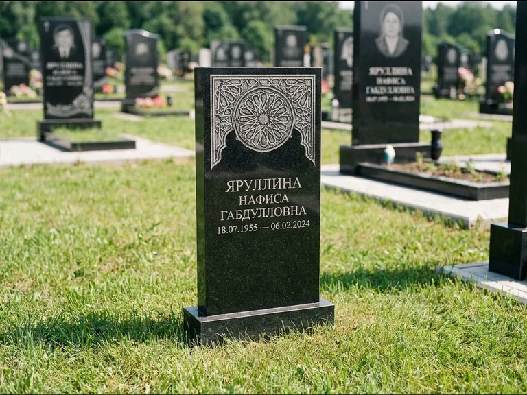 Мусульманский памятник: небольшая скромная невысокая стела — золочёная гравировка мечети, аккуратный участок с газоном, работа «Фахрутдинова» в Казани