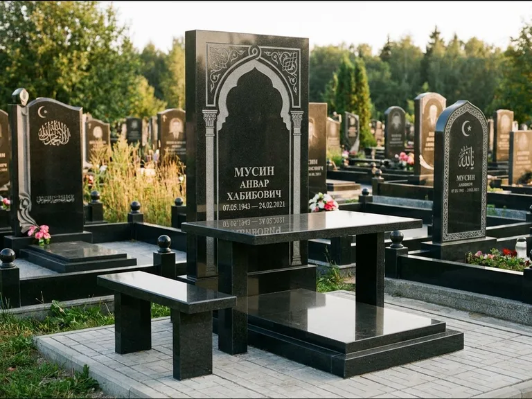 Мусульманский памятник: стела с гранитным столиком и скамьёй — гравировка мечети под полумесяцем и звёздами, семейный участок с плиткой, работа «Гимаев» в Казани