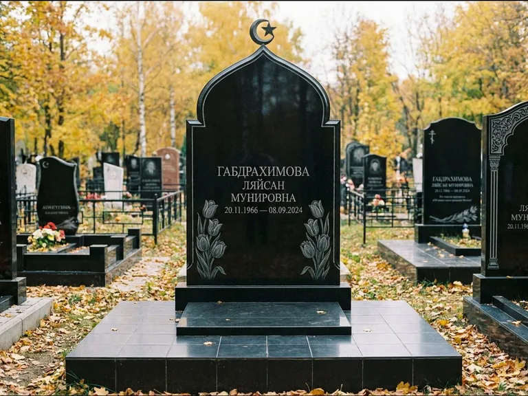 Мусульманский памятник: массивная стела с михраб-навершием — белая гравировка силуэта мечети с минаретами, цоколь тёмной плиткой, работа «Магомедова» в Казани