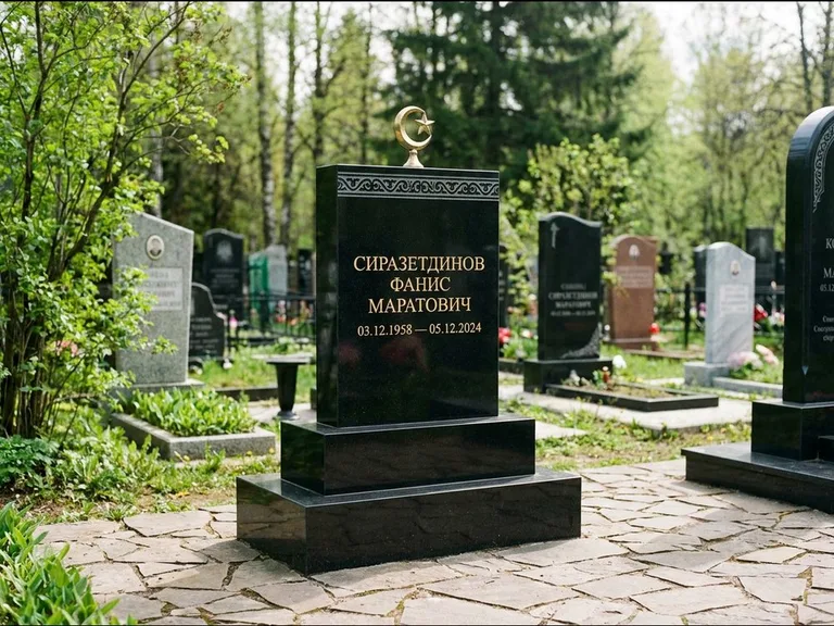Мусульманский памятник: ступенчатая трёхуровневая стела — золочёная гравировка мечети, дорожка из природного плитняка, работа «Мустафин» в Казани