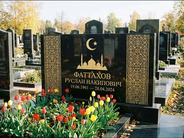 Мусульманский памятник: широкая панорамная стела с золочёным орнаментом — гравировка минарета с полумесяцем, цветник с тюльпанами, работа «Сулейманов» в Казани