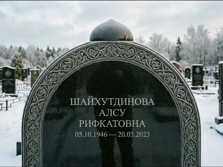 Мусульманский памятник: полукруглая стела с купольным навершием — гравировка мечети под полумесяцем и звёздами, заснеженный зимний участок, работа «Ганиева» в Казани