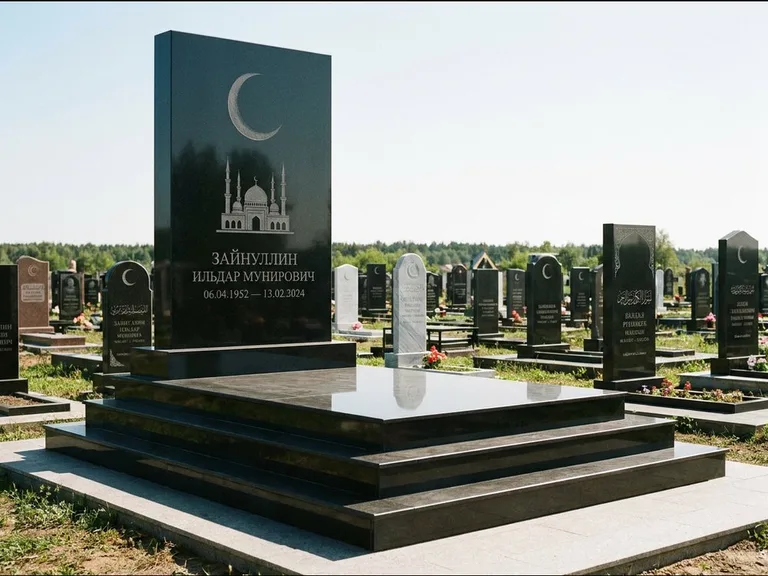 Мусульманский памятник: массивная стела на ступенчатом постаменте — гравировка мечети под полумесяцем и звёздами, гранитная площадка без ограды, работа «Хабибуллин» в Казани