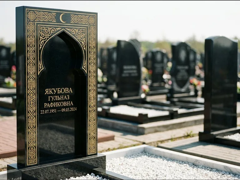 Мусульманский памятник: стела в форме михраба с глубокой нишей и золочёным орнаментом — детализированная гравировка мечети Кул-Шариф, участок с белой мраморной крошкой, работа «Мустафин» в Казани