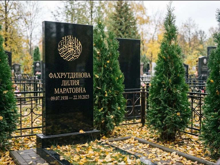 Мусульманский памятник — шахада в верхней части стелы, работа «Фахрутдинова» в Казани