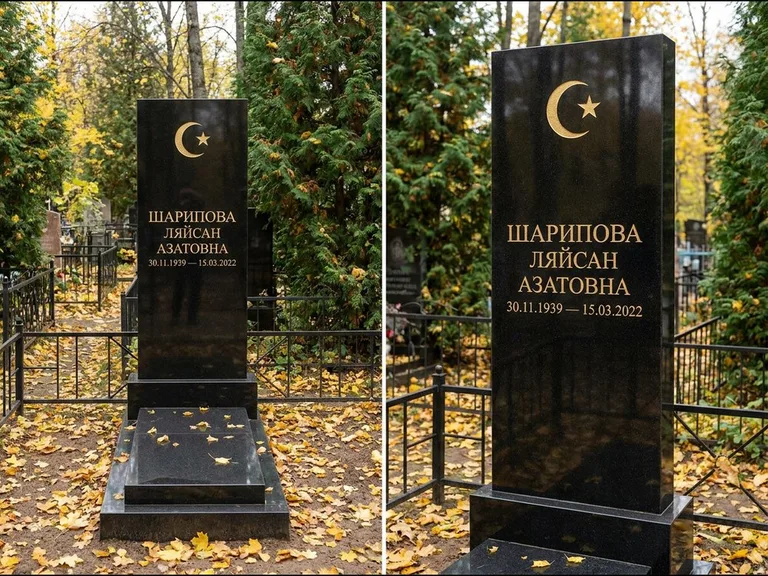Памятник с гравировкой полумесяца — золочёная гравировка полумесяца со звездой в верхней части с, работа «Шарипова» в Казани