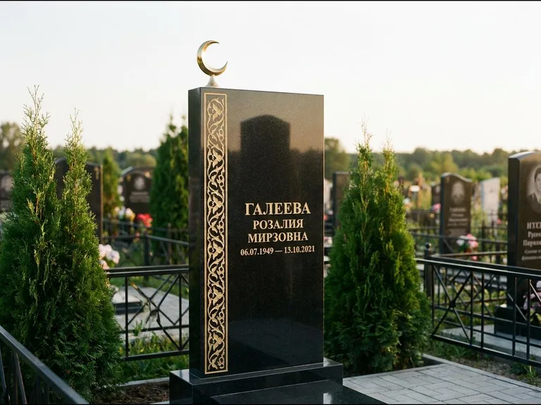 Памятник с гравировкой полумесяца — золочёный полумесяц и колонна растительного орнамента-ислими, работа «Галеева» в Казани