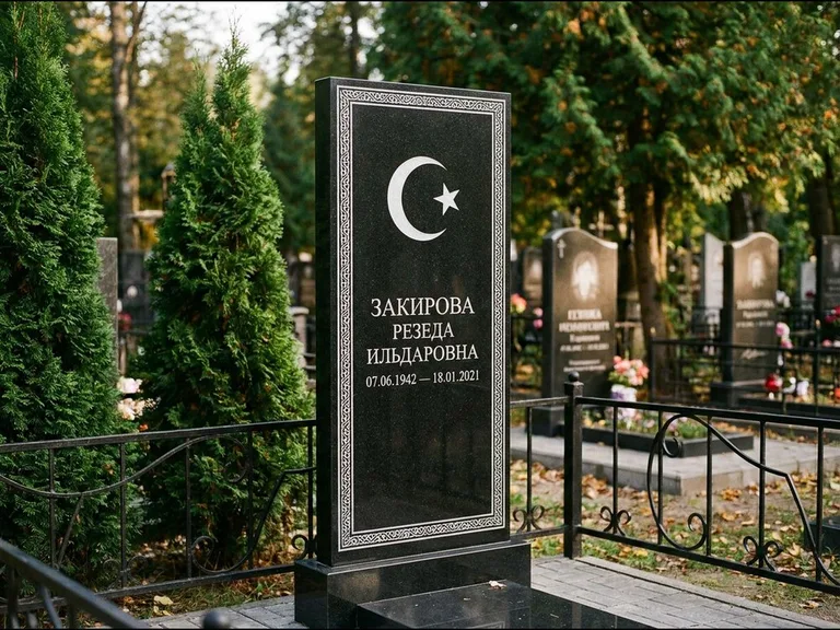Памятник с гравировкой полумесяца — строгая белая гравировка полумесяца со звездой и орнаменталь, работа «Закирова» в Казани
