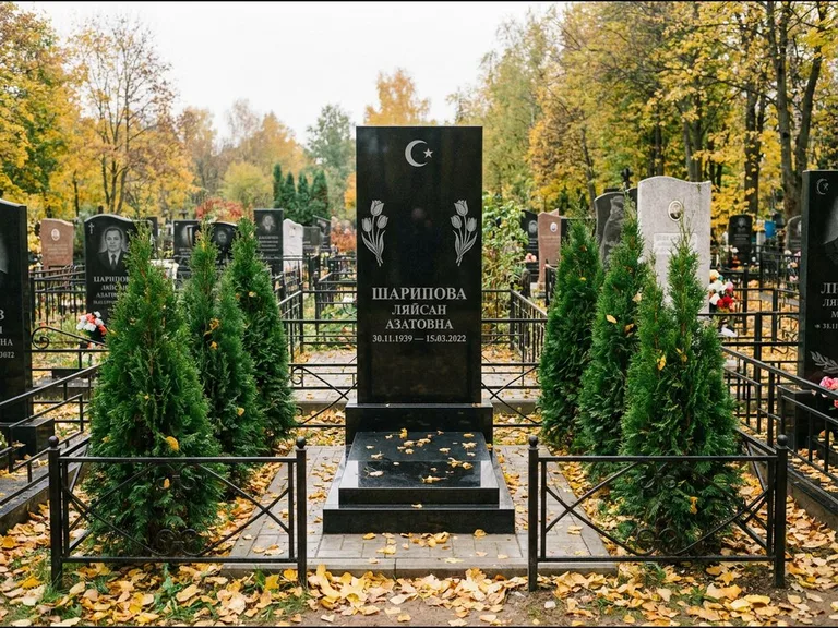 Памятник с гравировкой полумесяца — гравировка полумесяца со звездой и тюльпанами по бокам, работа «Шарипова» в Казани