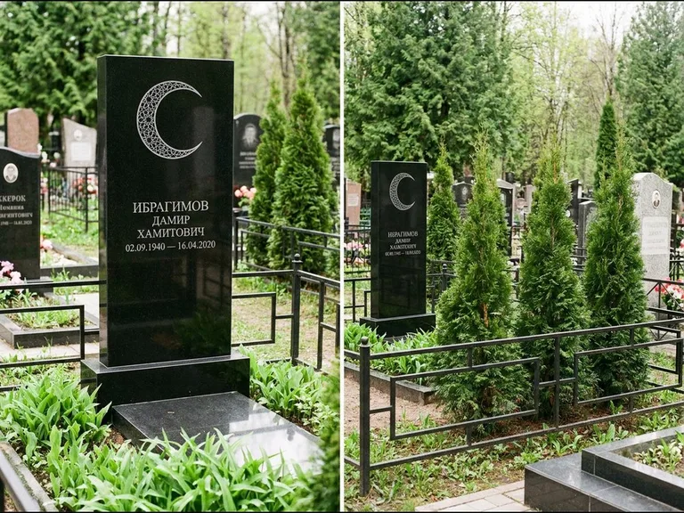 Памятник с гравировкой полумесяца — гравировка полумесяца в геометрическом орнаменте-гирихе, работа «Ибрагимов» в Казани