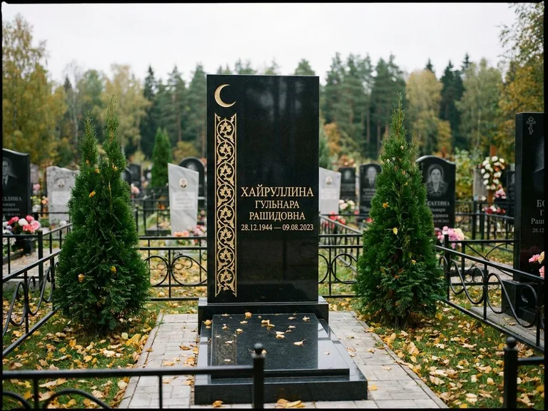 Памятник с гравировкой полумесяца — золочёный полумесяц и колонна растительного орнамента-ислими, работа «Хайруллина» в Казани