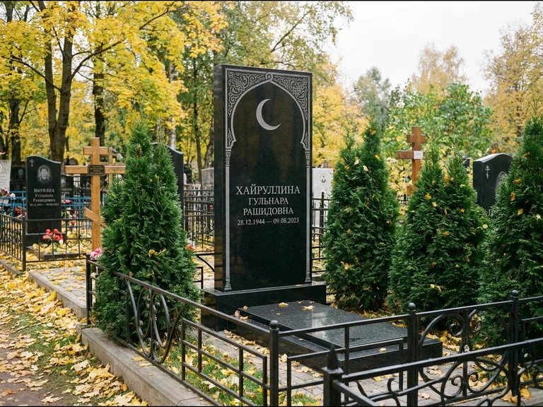 Памятник с гравировкой полумесяца — гравировка полумесяца в восточной арке с орнаментом, работа «Хайруллина» в Казани