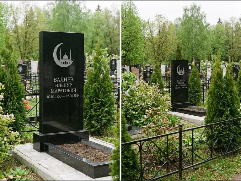 Памятник с гравировкой полумесяца — гравировка полумесяца над силуэтом мечети, работа «Валиев» в Казани