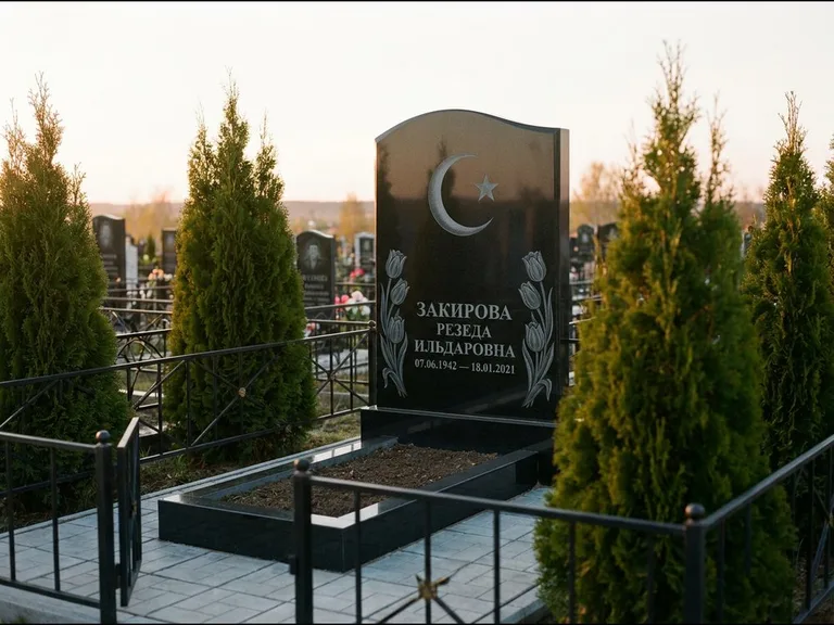Памятник с гравировкой полумесяца — гравировка полумесяца со звездой и тюльпанами по бокам, работа «Закирова» в Казани
