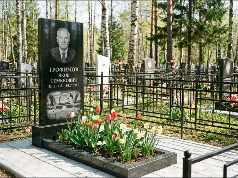 Памятник с гравировкой журавлей — гравировка пары журавлей над гладью озера в нижней части, работа «Трофимов» в Казани