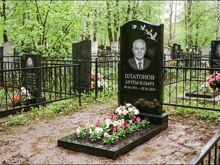 Памятник с гравировкой журавлей — белая гравировка клина журавлей, уходящего в верхний угол ст, работа «Платонов» в Казани