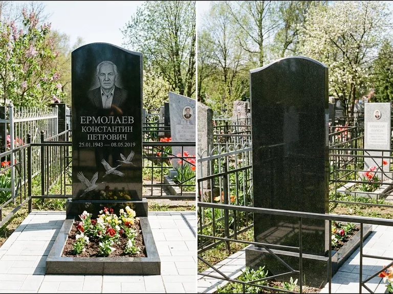 Памятник с гравировкой журавлей — гравировка трёх журавлей по диагонали через свободное поле с, работа «Ермолаев» в Казани