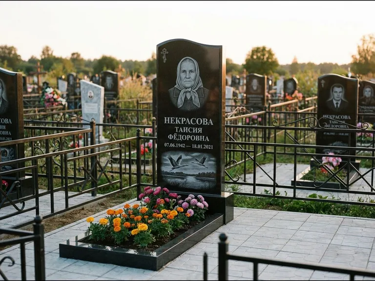 Памятник с гравировкой журавлей — гравировка пары журавлей над гладью озера в нижней части, работа «Некрасова» в Казани