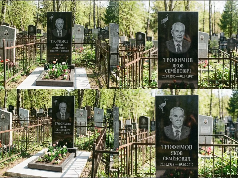 Памятник с гравировкой журавлей — гравировка одиночного летящего журавля над портретом, работа «Трофимов» в Казани