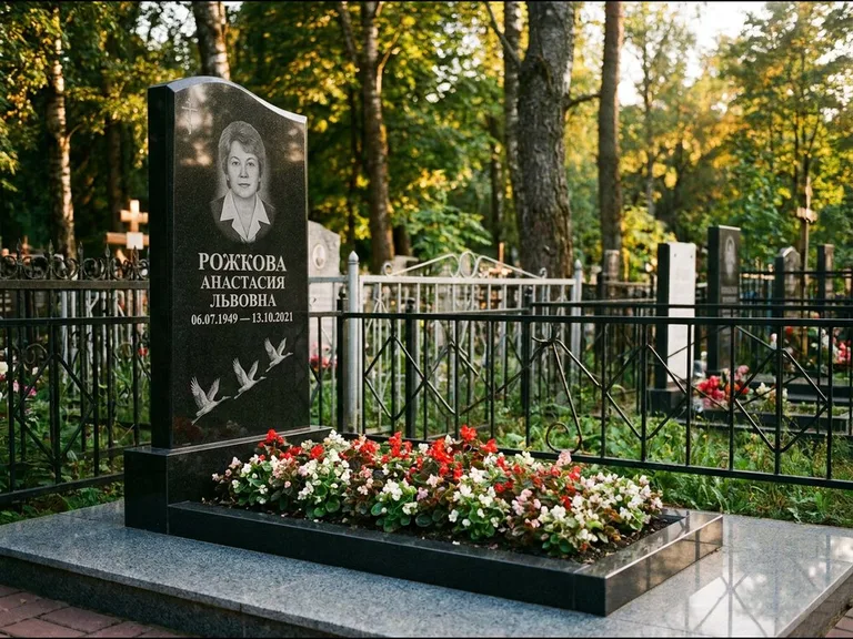 Памятник с гравировкой журавлей — гравировка трёх журавлей по диагонали через свободное поле с, работа «Рожкова» в Казани