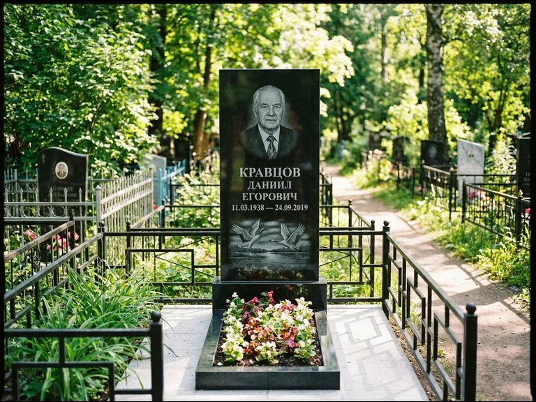 Памятник с гравировкой журавлей — гравировка пары журавлей над гладью озера в нижней части, работа «Кравцов» в Казани