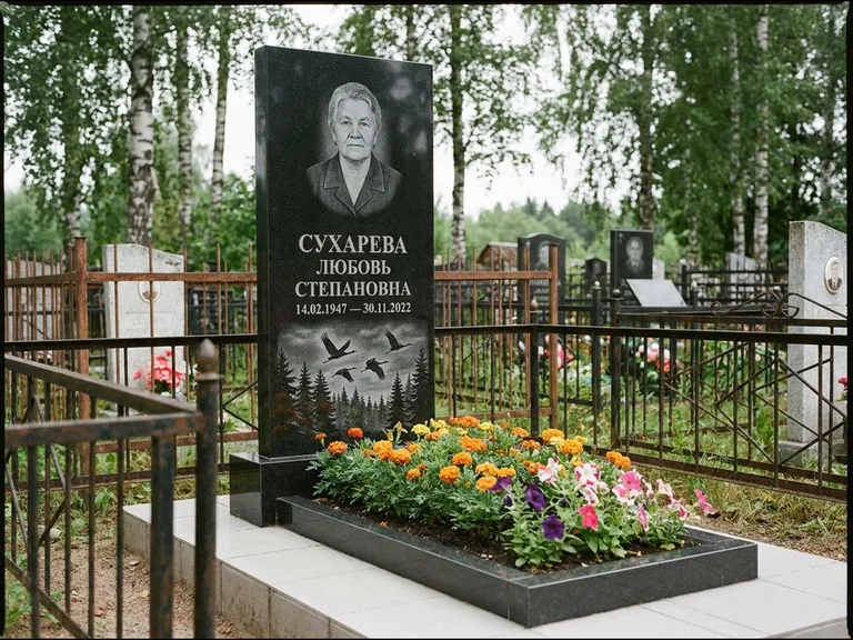 Памятник с гравировкой журавлей — гравировка силуэтов журавлей над еловым лесом, работа «Сухарева» в Казани