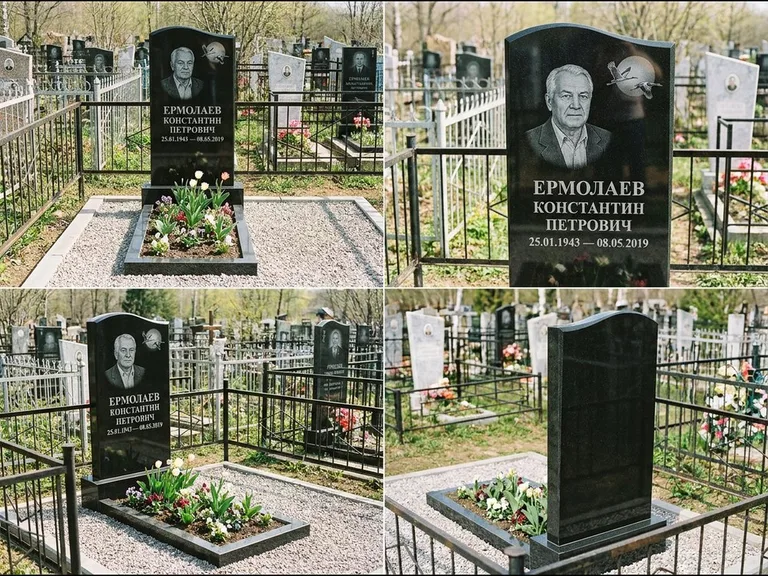Памятник с гравировкой журавлей — гравировка клина журавлей на фоне солнечного диска, работа «Ермолаев» в Казани