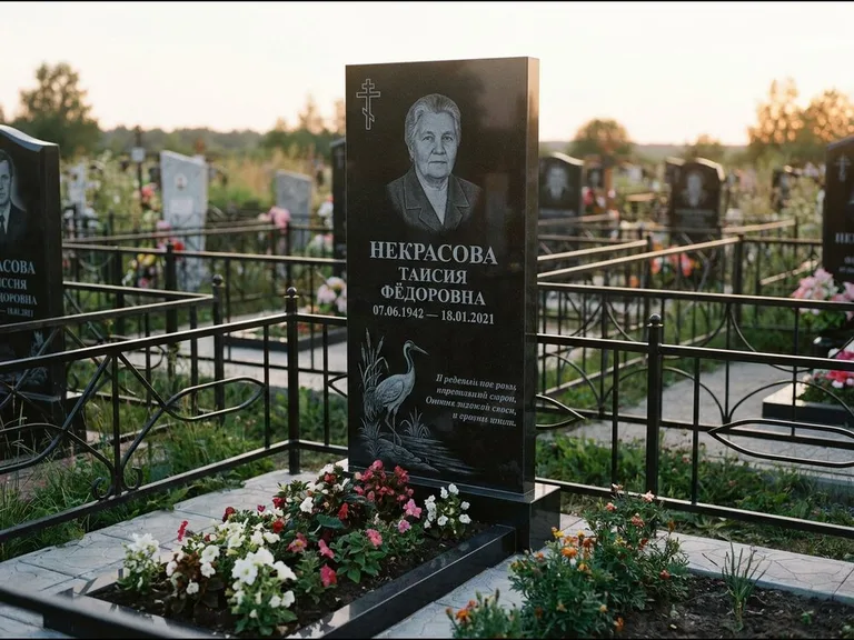 Памятник с гравировкой журавлей — гравировка журавля у камышей рядом с эпитафией, работа «Некрасова» в Казани