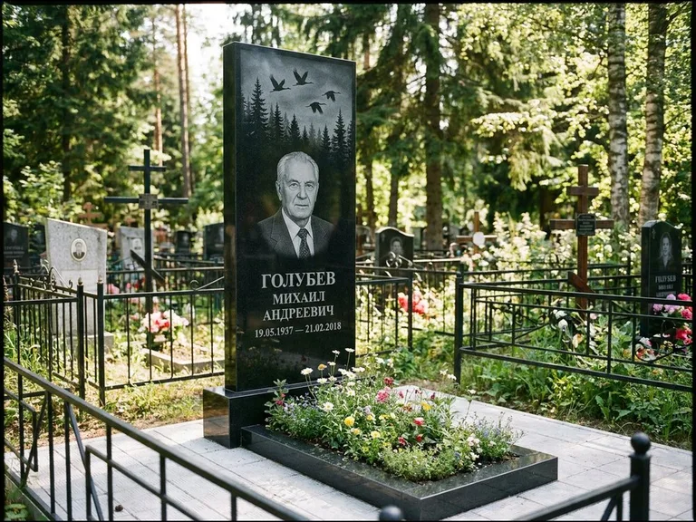 Памятник с гравировкой журавлей — гравировка силуэтов журавлей над еловым лесом, работа «Голубев» в Казани