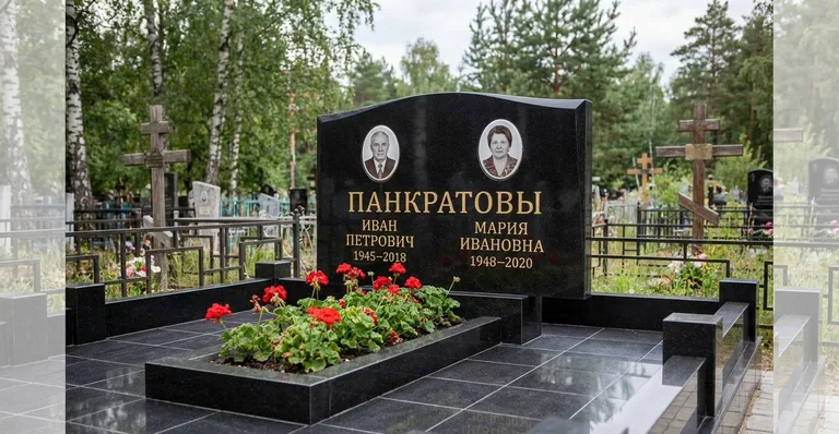 Памятник с художественной гравировкой, Готовый гранитный памятник, установленный мастерской «Мастер Каменев» на Лесном кладбище в Самаре