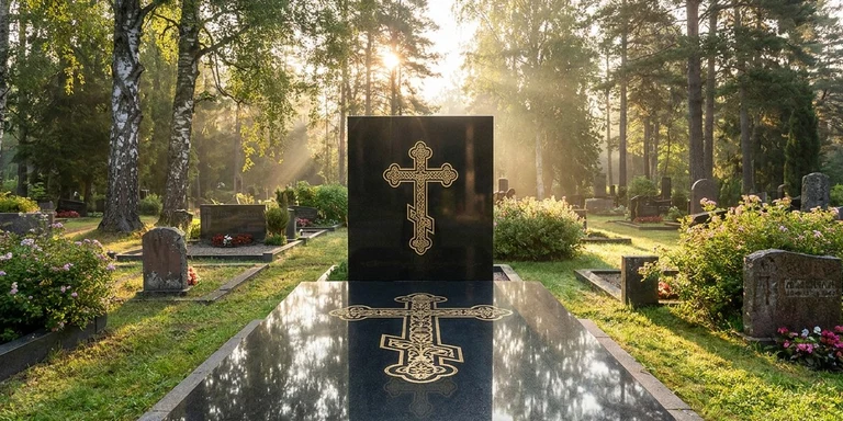 Гравировка креста на памятнике в Казани — православный восьмиконечный крест на граните