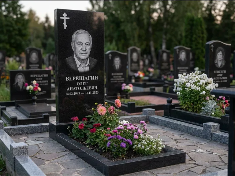 Памятник из чёрного гранита — горизонтальная плита-стела с православным восьмиконечным крестом, работа «Тихонов» в Казани