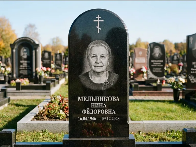 Памятник из чёрного гранита — стела с резным навершием с латинским крестом, работа «Савельева» в Казани