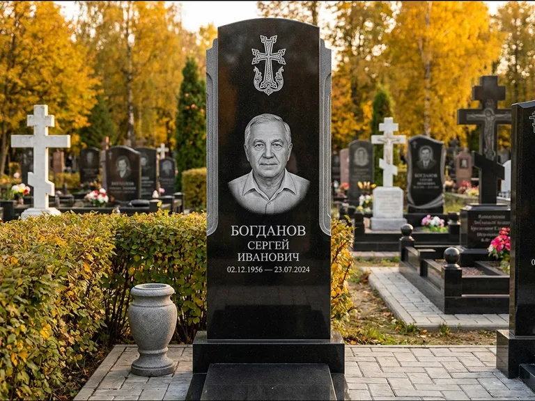 Памятник из чёрного гранита — круглая стела-медальон с армянским хачкаром, работа «Ковалёв» в Казани