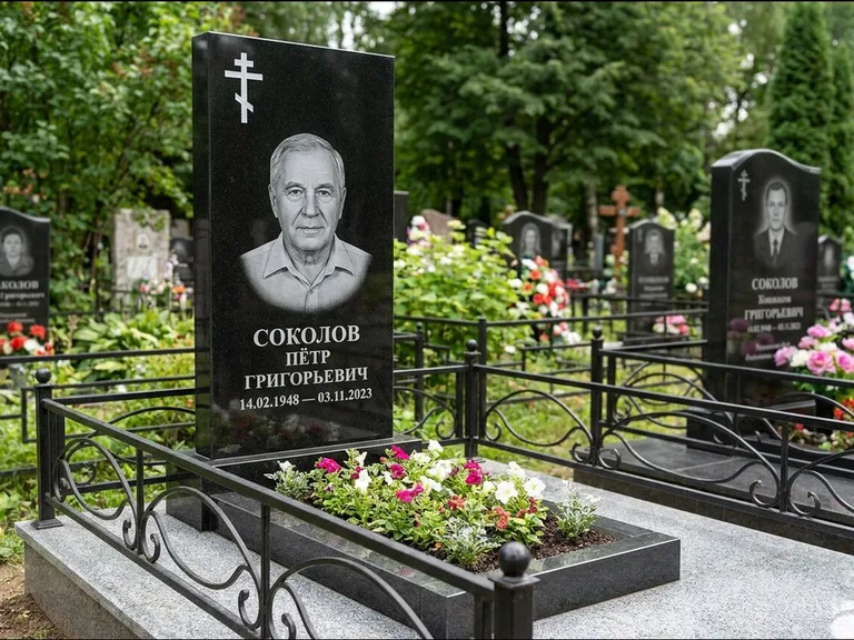 Памятник из чёрного гранита — стела с арочным верхом с православным восьмиконечным крестом, работа «Ковалёв» в Казани