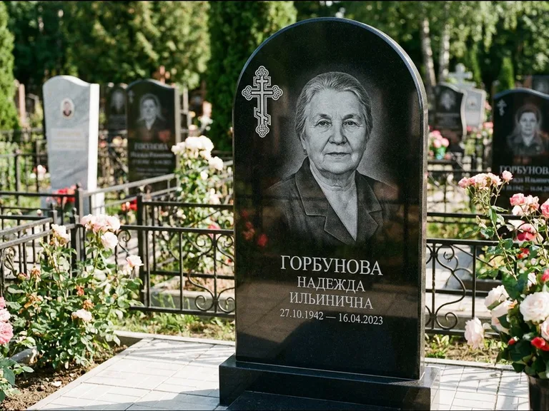 Памятник из чёрного гранита — стела с боковой колонной с крестом в лучах, работа «Мельникова» в Казани