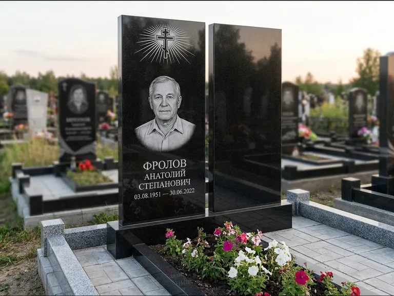 Памятник из чёрного гранита — стела на ступенчатом постаменте с золочёным крестом, работа «Богданов» в Казани