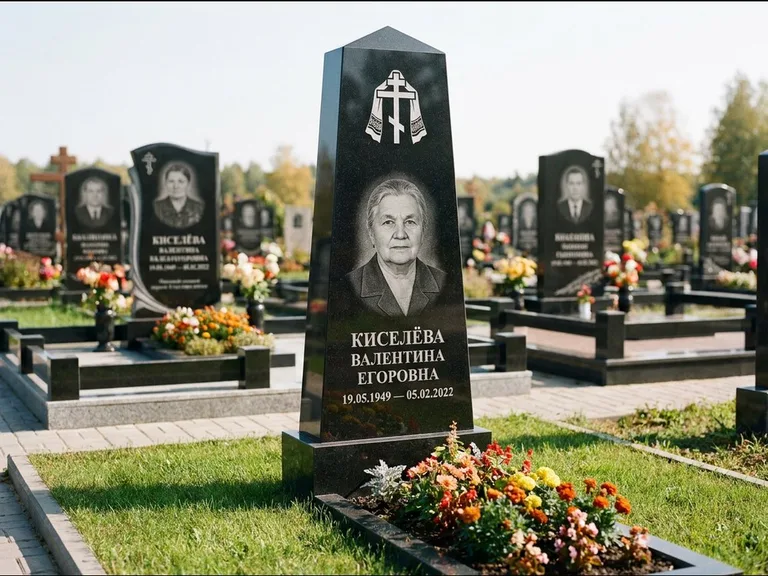 Памятник из чёрного гранита — стела со скошенным верхом с ажурным резным крестом, работа «Селезнёва» в Казани