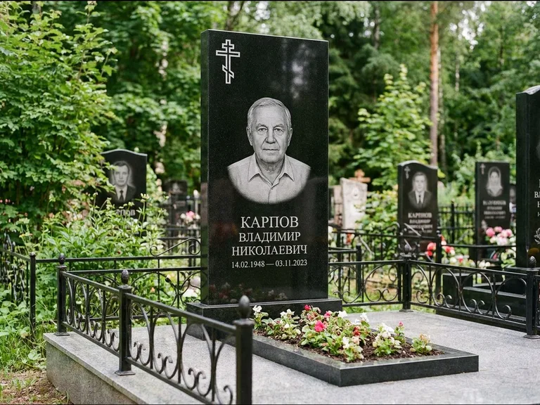 Памятник из чёрного гранита — узкая стела с ажурным крестом с православным восьмиконечным крестом, работа «Гущин» в Казани