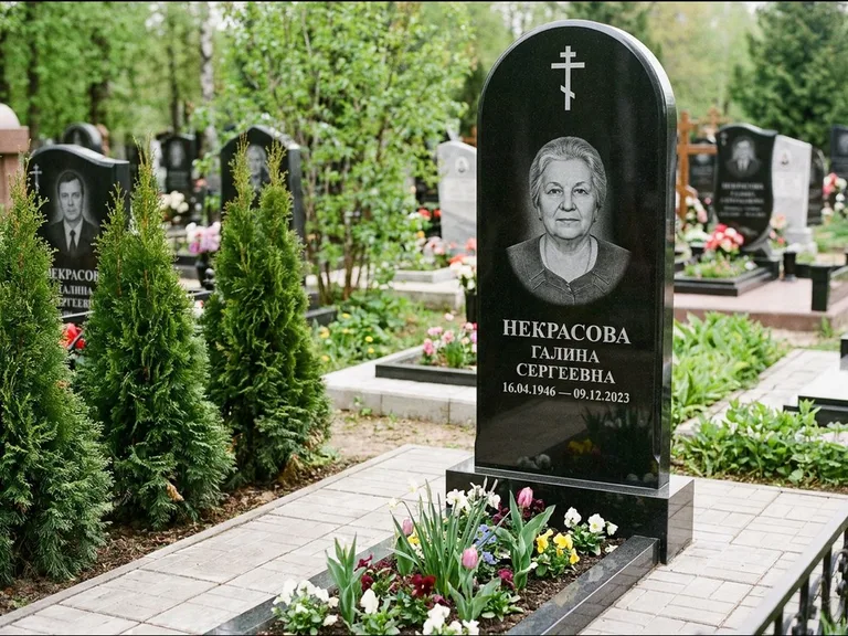 Памятник из чёрного гранита — стела с цветником-плитой с латинским крестом, работа «Лаврентьева» в Казани