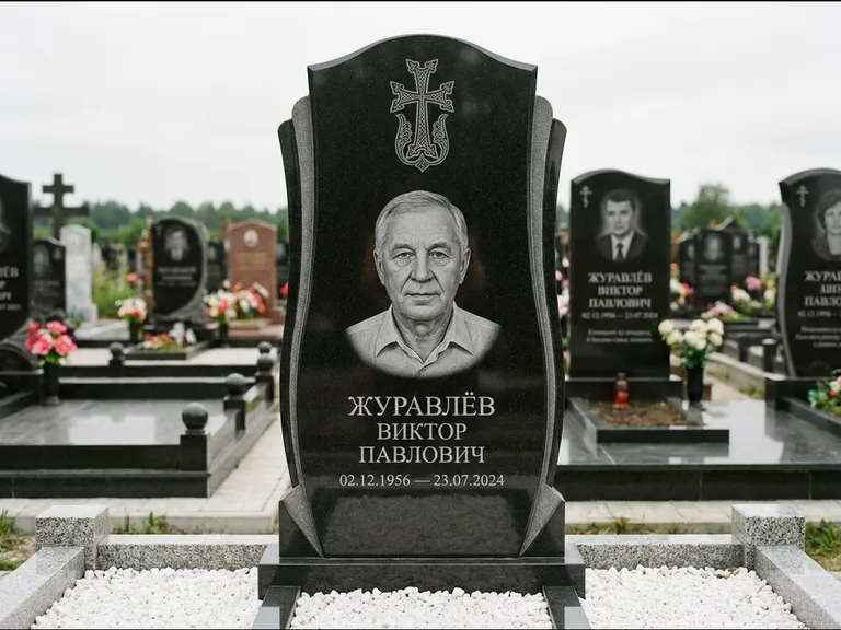 Памятник из чёрного гранита — панорамная стела с армянским хачкаром, работа «Тихонов» в Казани