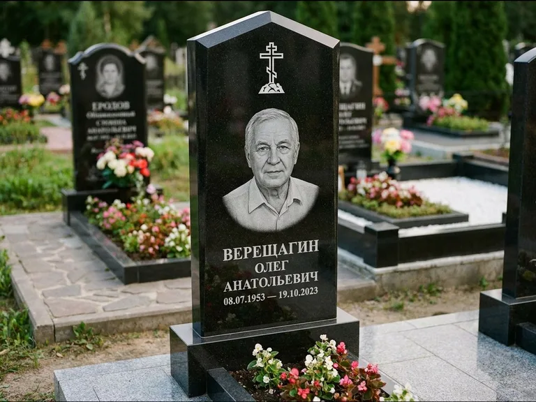 Памятник из чёрного гранита — обелиск-колонна с крестом на Голгофе, работа «Ковалёв» в Казани