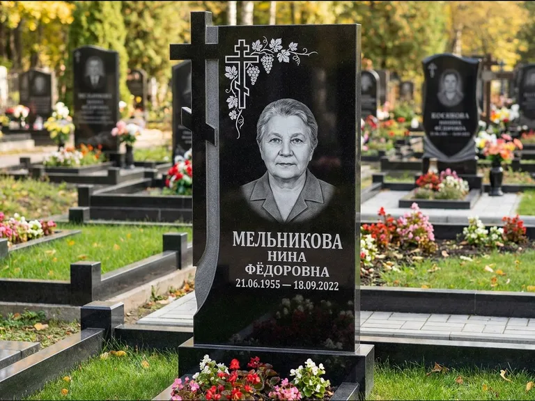 Памятник из чёрного гранита — стела с резной рамкой с крестом с распятием, работа «Некрасова» в Казани