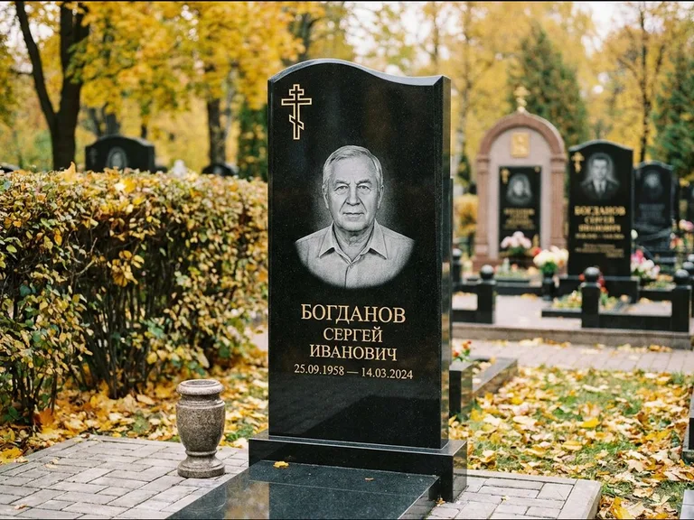 Памятник из чёрного гранита — стела с цветником с процветшим крестом с виноградной лозой, работа «Журавлёв» в Казани