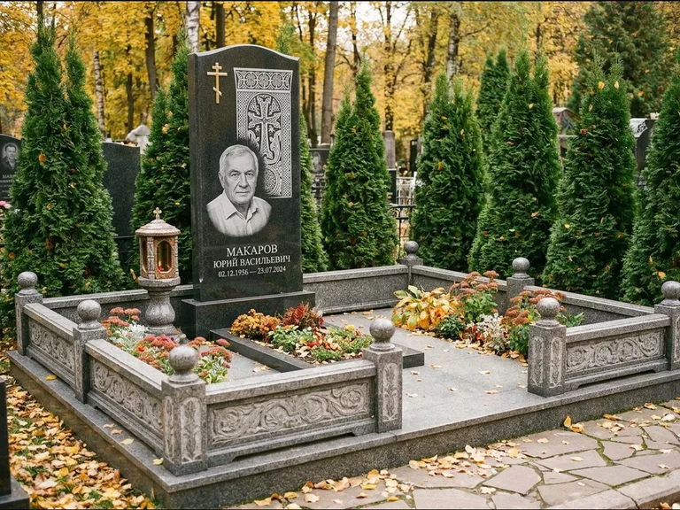 Памятник из чёрного гранита — стела с крестом и лампадой с армянским хачкаром, работа «Гущин» в Казани