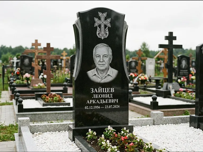 Памятник из чёрного гранита — семейная стела на двоих с армянским хачкаром, работа «Журавлёв» в Казани