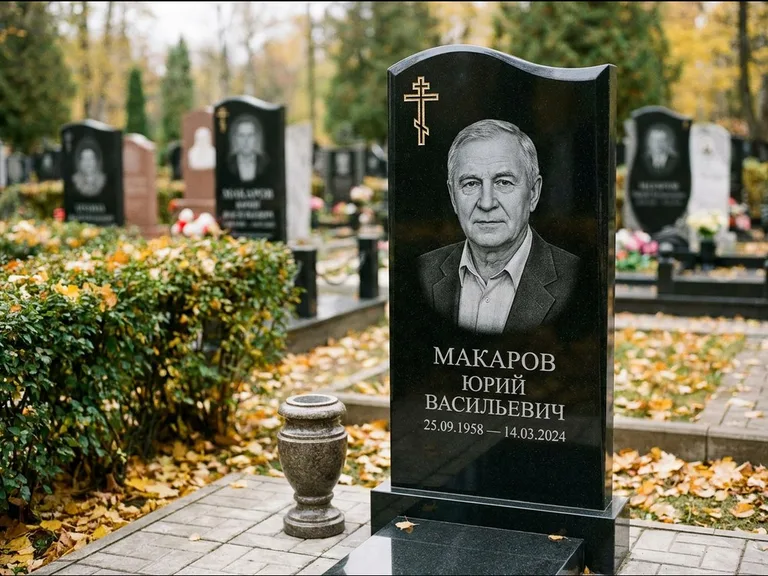 Памятник из чёрного гранита — фигурная стела с киот-нишей с процветшим крестом с виноградной лозой, работа «Богданов» в Казани