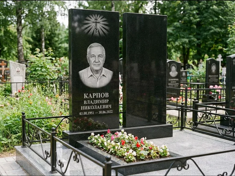 Памятник из чёрного гранита — ступенчатая стела с золочёным крестом, работа «Панкратов» в Казани